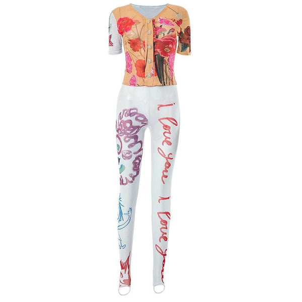 Ensemble pantalon transparent à manches courtes et boutons imprimés de fleurs