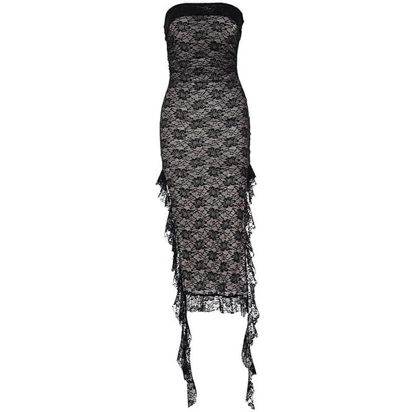 Robe midi tube contrastée en dentelle à volants et dos nu avec ruban 