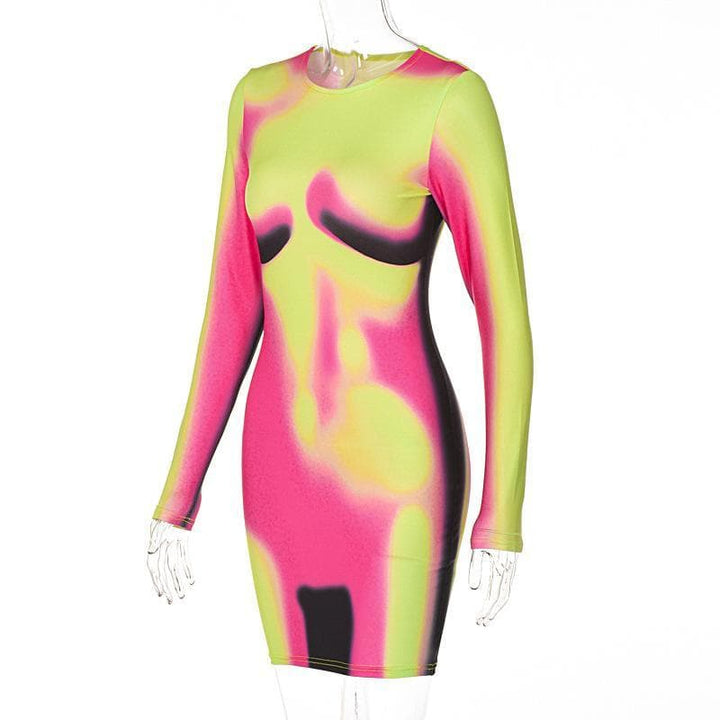 Long sleeve crewneck body print mini dress - Halibuy