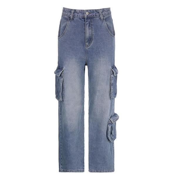 Jean droit taille haute avec poches cargo et boutons 