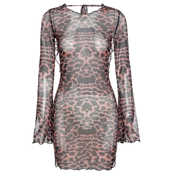 Robe mini dos nu en maille transparente à imprimé léopard contrastant avec lien à nouer | robe samba 