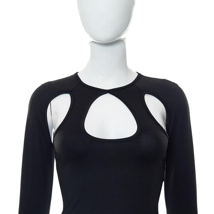 Long sleeve hollow out gloves solid crop top - Halibuy