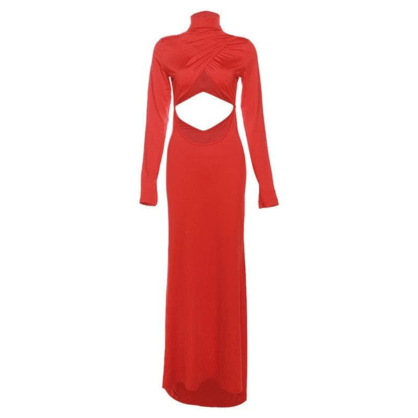 Robe longue zippée à manches longues et col montant | Robe de tango rouge 