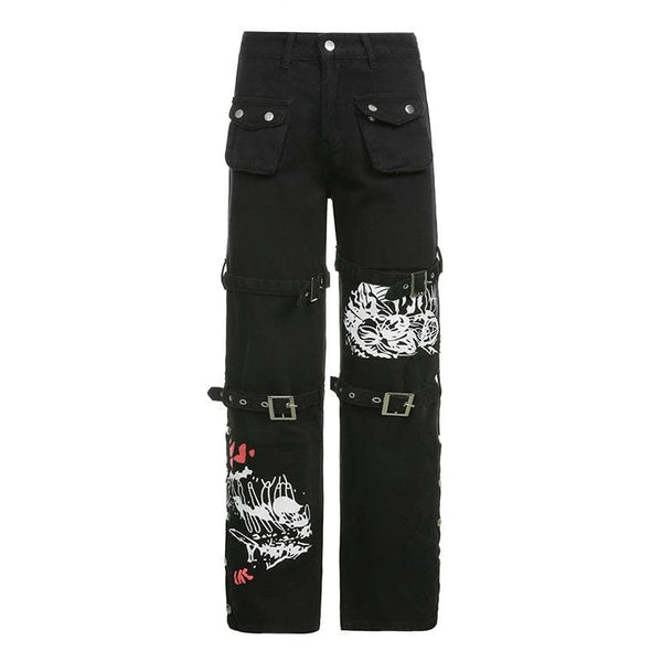 Jean taille haute à poches cargo et motif abstrait contrasté avec boutons 