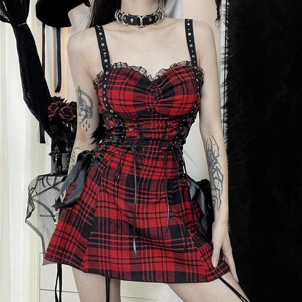 Backless ruched lace hem plaid lace up zip-up mini dress  | red tango dress