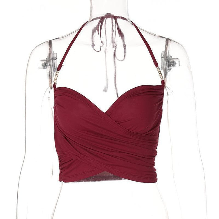 V neck cross front solid crop top - Halibuy