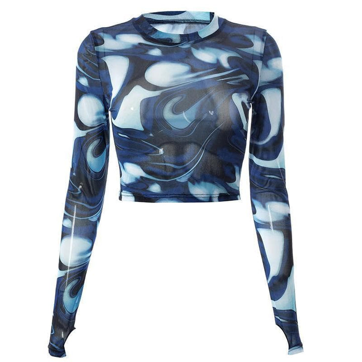 Crewneck mesh see through print long sleeve gloves crop top - Halibuy