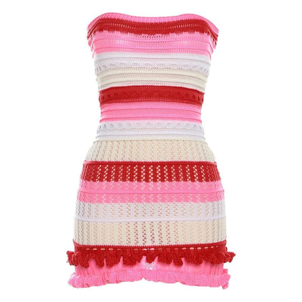 Backless ruffle contrast striped crochet tube dress  | red tango dress