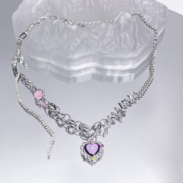 Collier chaîne pendentif coeur multicolore 