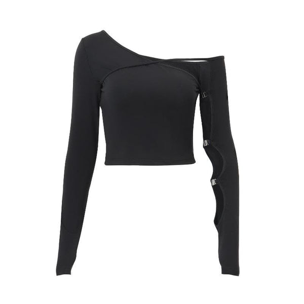 Haut à manches longues, asymétrique, boutonné, ajouré, irrégulier, uni, découpé 