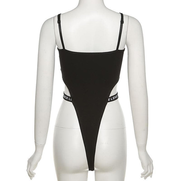Letter embroidered hollow out bodysuit - Halibuy