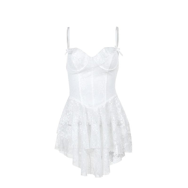 Ruffle bustier bowknot mesh lace up backless cami mini dress