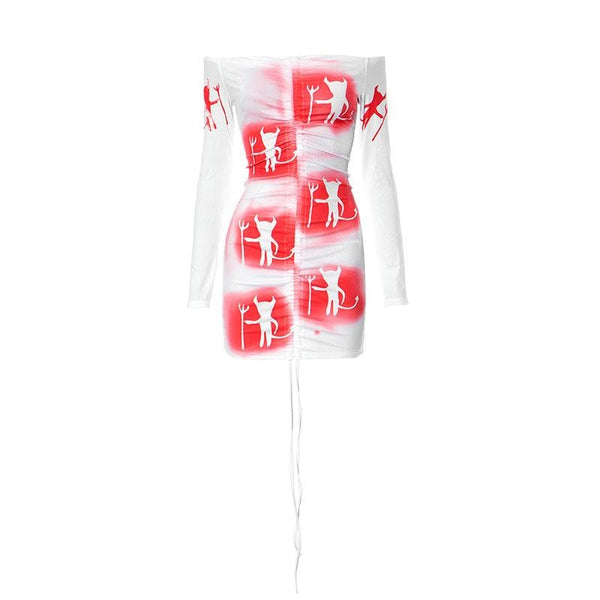 Robe courte côtelée à épaules dénudées et cordon de serrage abstrait | Robe de tango rouge 