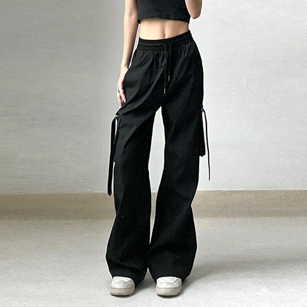 Pantalon large à poches cargo solides et cordon de serrage 