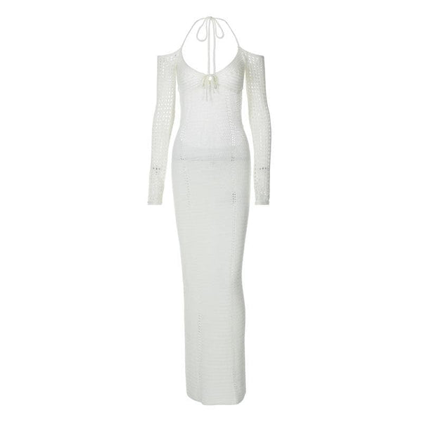 Robe longue en tricot à manches longues et épaules dénudées, dos nu 