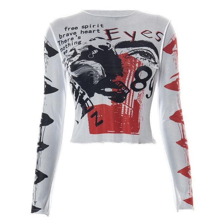 Mesh see through crewneck print ruffled crop top - Halibuy