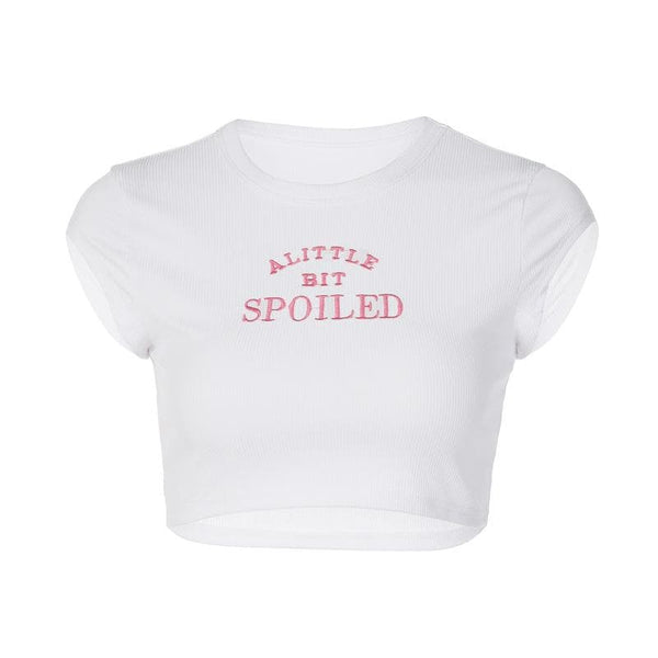 “SPOILED” embroidery contrast crewneck cap sleeve crop top