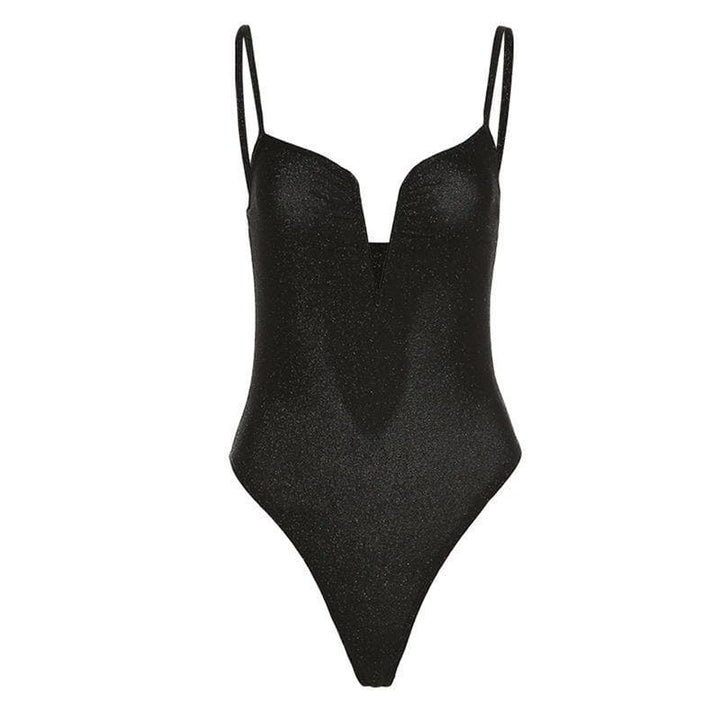 Deep v neck glitter cami bodysuit - Halibuy