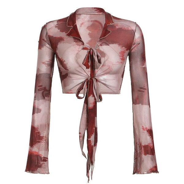 Haut court transparent à manches longues et volants tie-dye en maille transparente