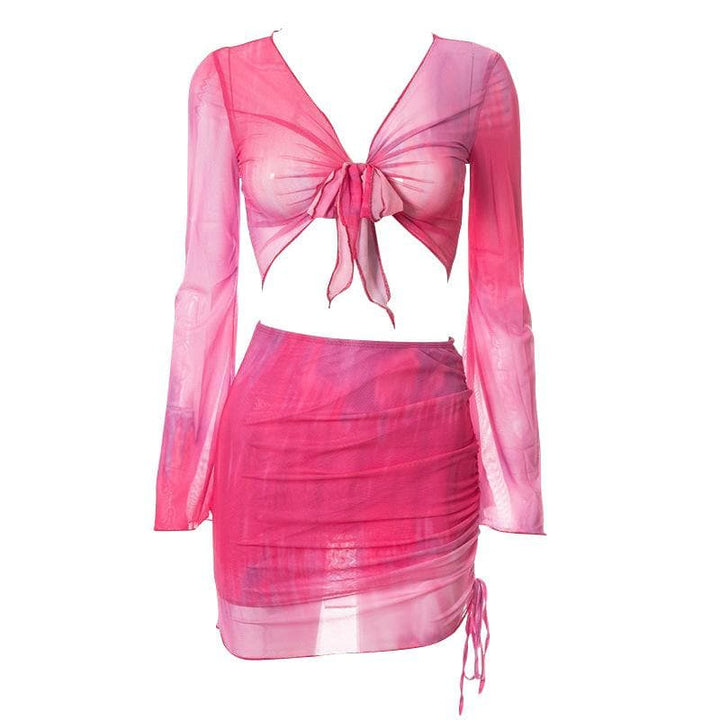 Flared sleeve mesh see through skirt set - Halibuy