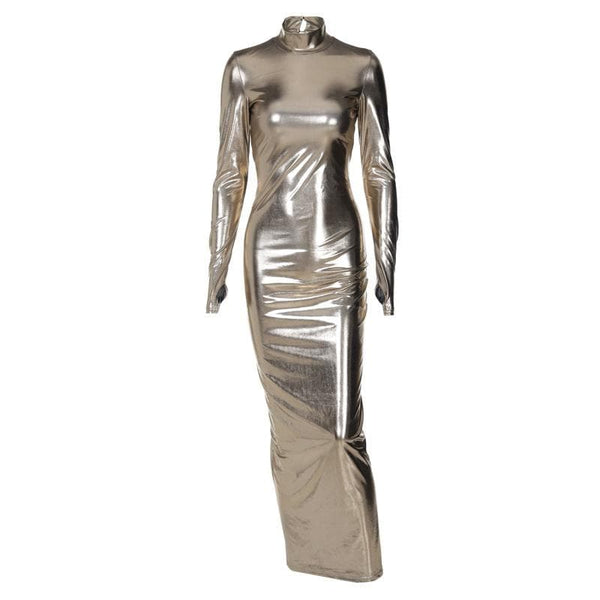 Robe longue froncée à manches longues et col montant avec gants métalliques 
