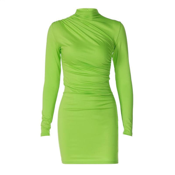 Mini-robe froncée unie à col haut et manches longues 