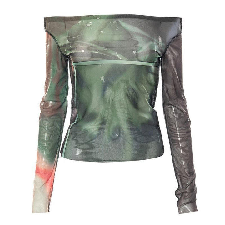 Long sleeve off shoulder mesh see through print top - Halibuy