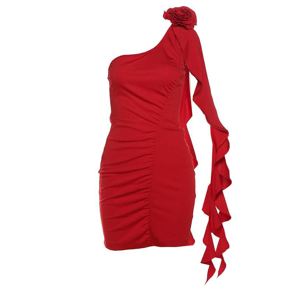 Robe mini dos nu à volants et appliques florales asymétriques | robe de tango rouge 