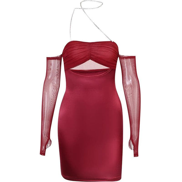Robe mini froncée à épaules dénudées et à manches longues en maille | Robe de tango rouge 