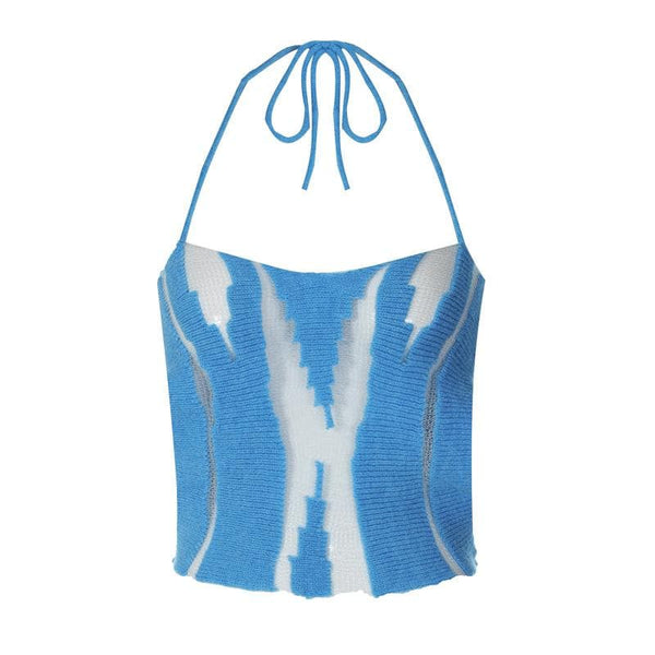 Solid halter self tie backless knitted hollow out crop cut out top