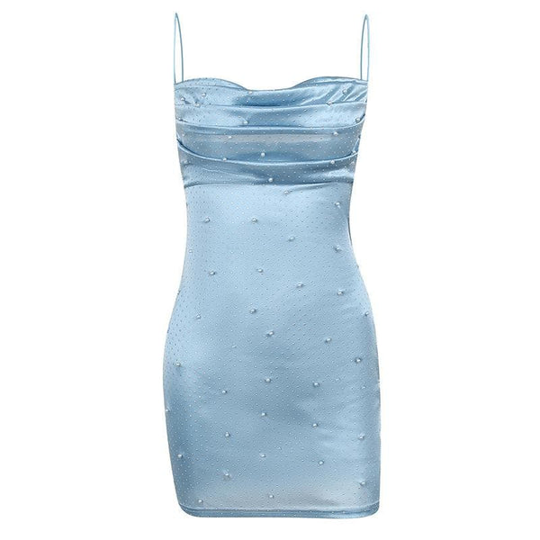 Robe camisole unie sans manches à col bénitier et perles 