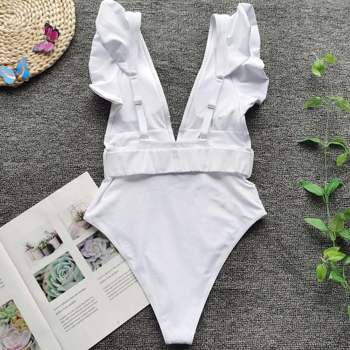 V neck ruffled one piece swimwear - Halibuy
