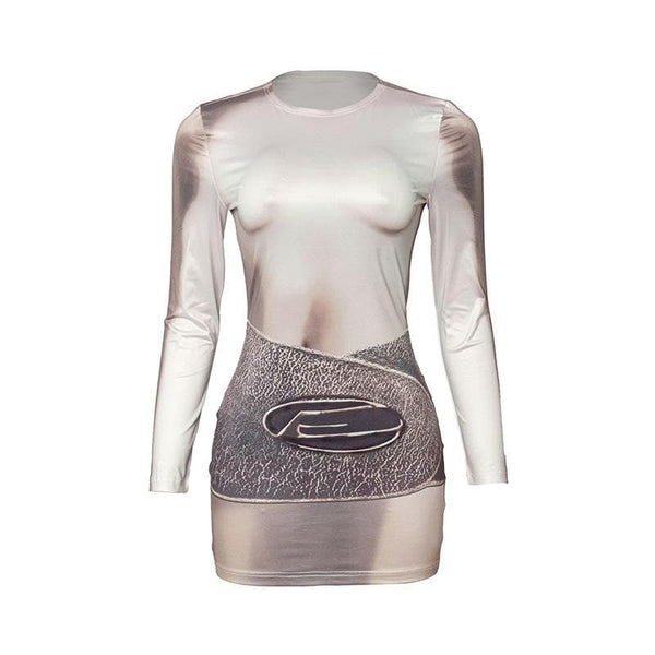 Mini-robe contrastée à manches longues et col ras du cou avec imprimé sur le corps 