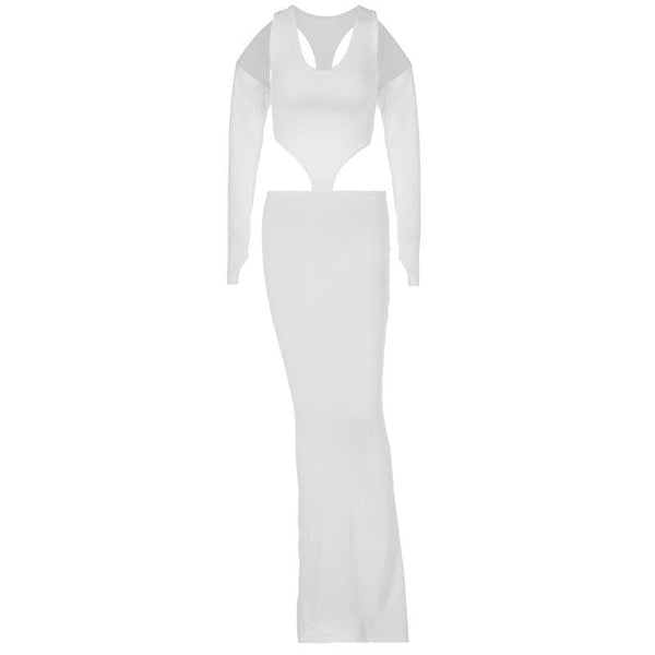 Robe longue à manches longues et col en U avec gants unis 