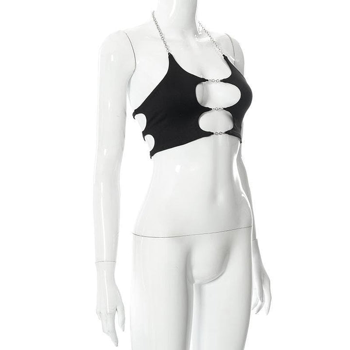 Metal chain hollow out solid crop halter top - Halibuy