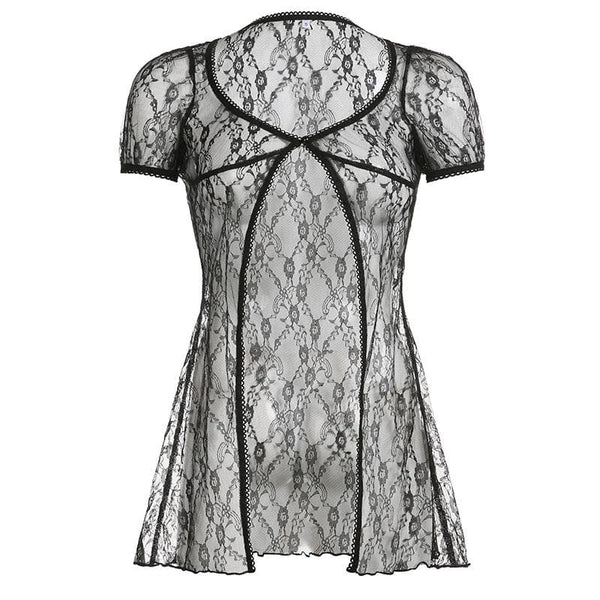 Haut uni à manches courtes en dentelle, boutonné et transparent, à volants 