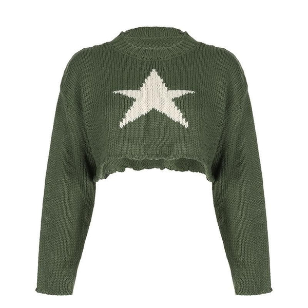 Haut court à col ras du cou et manches longues contrastées en tricot à motif étoile 