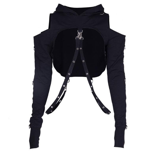 Sweat à capuche, ruban, épaule dénudée, boucle, manches longues, gants, haut court