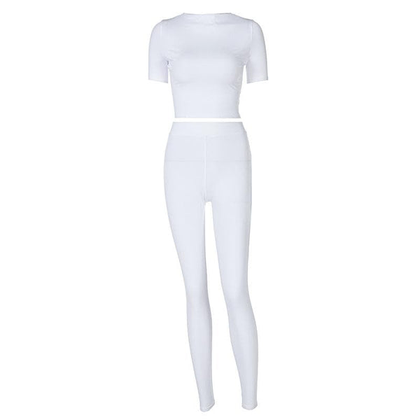 Ensemble pantalon uni à manches courtes et col ras du cou