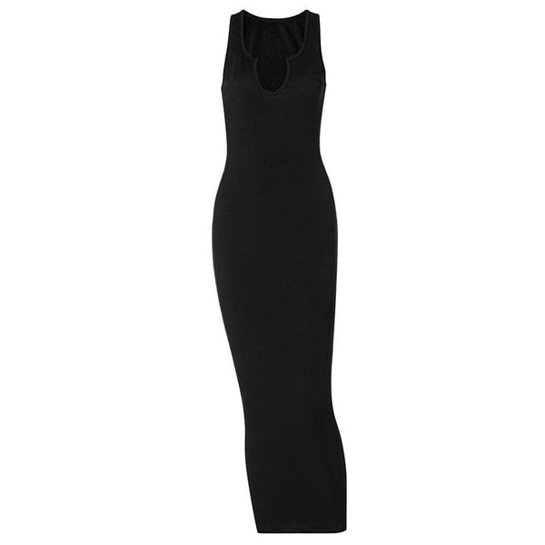 Ribbed notch neck sleeveless low cut solid maxi dress  | red tango dress