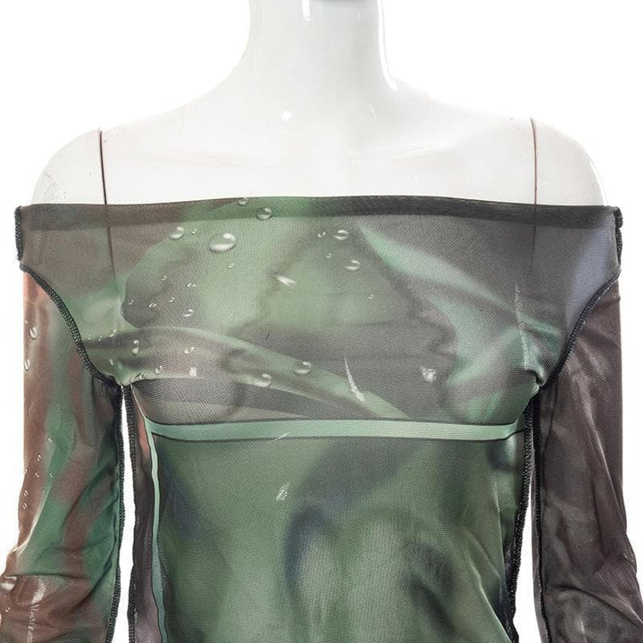 Long sleeve off shoulder mesh see through print top - Halibuy