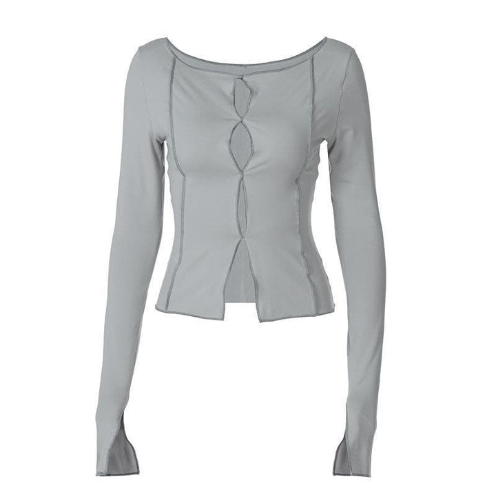 Hollow out round neck long sleeve top - Halibuy