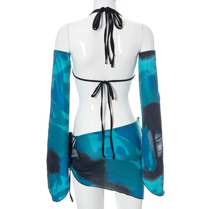 Hollow out halter drawstring ruched skirt set - Halibuy
