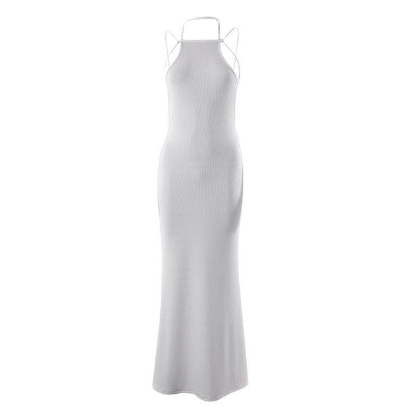 Ribbed halter self tie solid backless sleeveless maxi dress