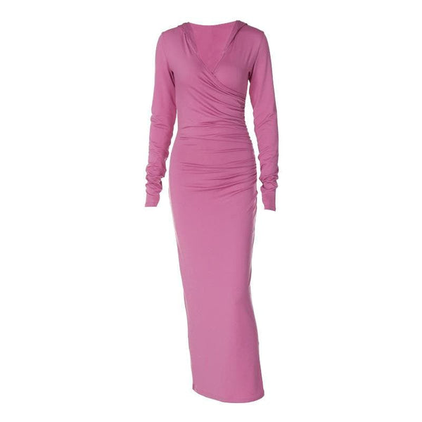 Robe longue à capuche froncée unie à manches longues et col en V 