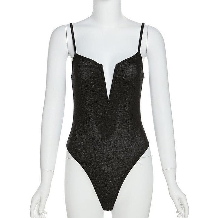 Deep v neck glitter cami bodysuit - Halibuy