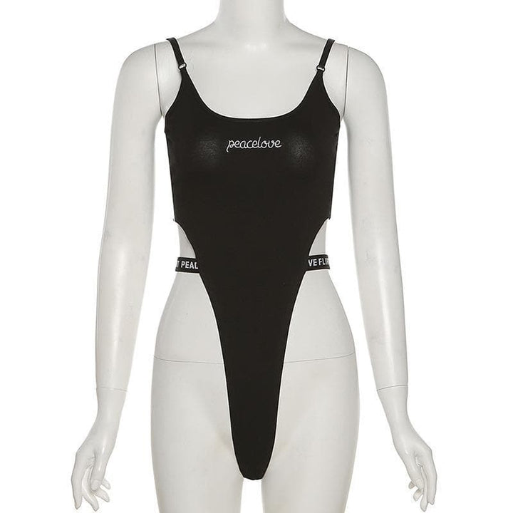 Letter embroidered hollow out bodysuit - Halibuy