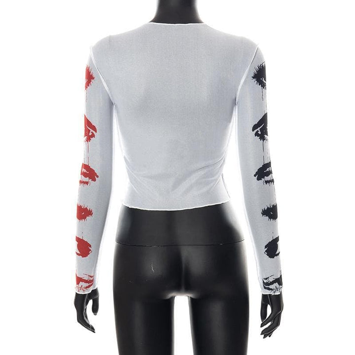 Mesh see through crewneck print ruffled crop top - Halibuy