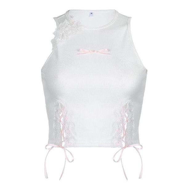Lace up contrast lace hem sleeveless bowknot crop top