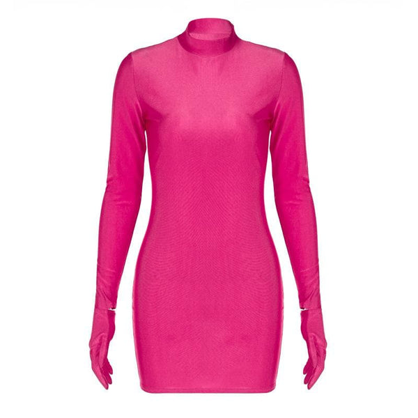 High neck long sleeve gloves solid mini dress  | red tango dress